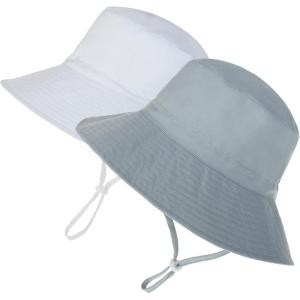 imageBaby Sun Hat UPF 50 Wide Brim Sun Protection Baby Bucket Hat Toddler Summer Hat for Boy GirlsA 2 Pack Blue Gray  White