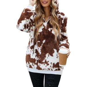imageAmerican Trends Cow Print Hoodie Fuzzy Hoodies for Women Sherpa Pullover Womens Fleece Oversized Sweatshirt Fluffy SweaterBrown Cow Print