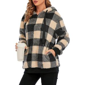 imageAmerican Trends Oversized Sweatshirts for Women Athletic Womens Sherpa Hoodie Fluffy Womens Hoodies Pullover with PocketsY Khaki Plaid