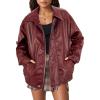 imageAmerican Trends Leather Jacket Women Bomber Pleather Jacket Oversized Leather Blazer Biker Motorcycle JacketWine Red