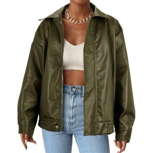 imageAmerican Trends Leather Jacket Women Bomber Pleather Jacket Oversized Leather Blazer Biker Motorcycle JacketArmy Green