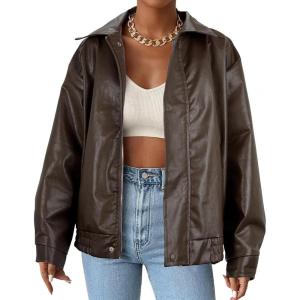 imageAmerican Trends Leather Jacket Women Bomber Pleather Jacket Oversized Leather Blazer Biker Motorcycle JacketBrown