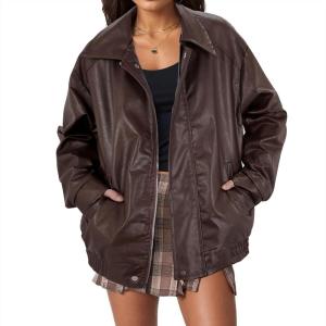 imageAmerican Trends Leather Jacket Women Bomber Pleather Jacket Oversized Leather Blazer Biker Motorcycle JacketCoffee