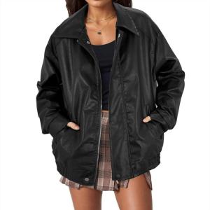 imageAmerican Trends Leather Jacket Women Bomber Pleather Jacket Oversized Leather Blazer Biker Motorcycle JacketMulti