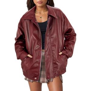 imageAmerican Trends Leather Jacket Women Bomber Pleather Jacket Oversized Leather Blazer Biker Motorcycle JacketWine Red
