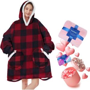 imageAmerican Trends Wearable Blanket Hoodie Oversized Sherpa Warm Hoodie Blanket Thick Sweatshirt Gift for Women Men GirlsRed and Black Plaid