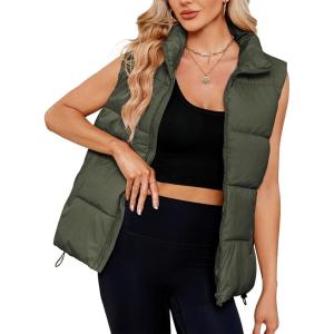 imageAmerican Trends Womens Puffer Vest Sleeveless Puffy Vests for Women Collar Jacket Zipper Coat with PocketsArmy Green