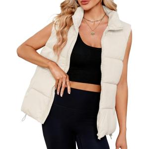 imageAmerican Trends Womens Puffer Vest Sleeveless Puffy Vests for Women Collar Jacket Zipper Coat with PocketsBeige