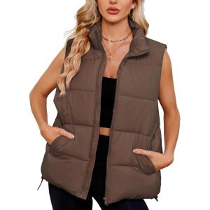 imageAmerican Trends Womens Puffer Vest Sleeveless Puffy Vests for Women Collar Jacket Zipper Coat with PocketsBrown