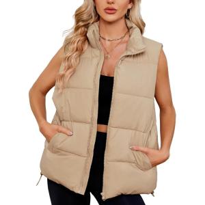 imageAmerican Trends Womens Puffer Vest Sleeveless Puffy Vests for Women Collar Jacket Zipper Coat with PocketsKhaki