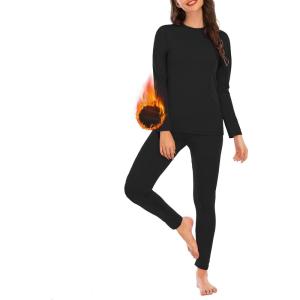 imageAmerican Trends Womens Thermal Underwear Set Long Johns Base Layer Fleece Lined Top and Bottom Thermals Sets LoungewearBlack