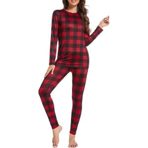 imageAmerican Trends Womens Thermal Underwear Set Long Johns Base Layer Fleece Lined Top and Bottom Thermals Sets LoungewearRed Lattice