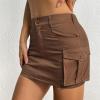 imageWomen Denim Skirt Low Waist Cargo Skirt with Pockets Y2K Button Mini Jean SkirtBrown