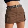 imageWomen Denim Skirt Low Waist Cargo Skirt with Pockets Y2K Button Mini Jean SkirtBrown