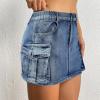 imageWomen Denim Skirt Low Waist Cargo Skirt with Pockets Y2K Button Mini Jean SkirtDark Blue