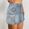 imageWomen Denim Skirt Low Waist Cargo Skirt with Pockets Y2K Button Mini Jean SkirtLight Blue