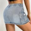 imageWomen Denim Skirt Low Waist Cargo Skirt with Pockets Y2K Button Mini Jean SkirtLight Blue