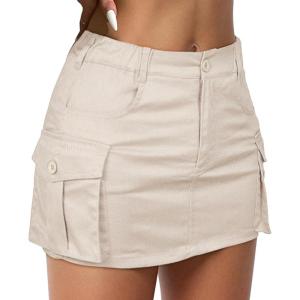 imageWomen Denim Skirt Low Waist Cargo Skirt with Pockets Y2K Button Mini Jean SkirtApricot