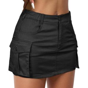imageWomen Denim Skirt Low Waist Cargo Skirt with Pockets Y2K Button Mini Jean SkirtBlack