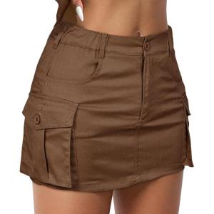 imageWomen Denim Skirt Low Waist Cargo Skirt with Pockets Y2K Button Mini Jean SkirtBrown