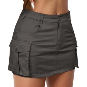 imageWomen Denim Skirt Low Waist Cargo Skirt with Pockets Y2K Button Mini Jean SkirtCharcoal Gray