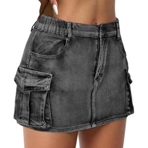 imageWomen Denim Skirt Low Waist Cargo Skirt with Pockets Y2K Button Mini Jean SkirtCharcoal Grey