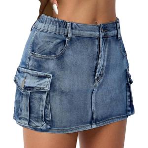 imageWomen Denim Skirt Low Waist Cargo Skirt with Pockets Y2K Button Mini Jean SkirtDark Blue
