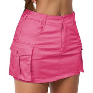 imageWomen Denim Skirt Low Waist Cargo Skirt with Pockets Y2K Button Mini Jean SkirtHot Pink