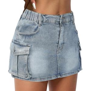 imageWomen Denim Skirt Low Waist Cargo Skirt with Pockets Y2K Button Mini Jean SkirtLight Blue