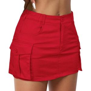 imageWomen Denim Skirt Low Waist Cargo Skirt with Pockets Y2K Button Mini Jean SkirtRed
