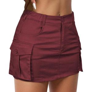 imageWomen Denim Skirt Low Waist Cargo Skirt with Pockets Y2K Button Mini Jean SkirtWine