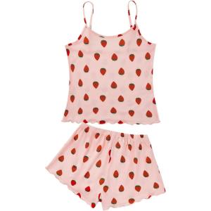 imageAmerican Trends Cute Pajamas for Women Strawberry Print Cami Top and Shorts Pj Set Two Piece Pajama Set Sleepwear Sleep SetAa Strawberry Pink
