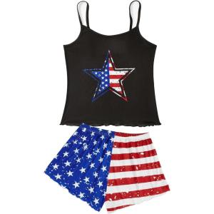 imageAmerican Trends Cute Pajamas for Women Strawberry Print Cami Top and Shorts Pj Set Two Piece Pajama Set Sleepwear Sleep SetAmerican Flag