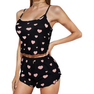 imageAmerican Trends Cute Pajamas for Women Strawberry Print Cami Top and Shorts Pj Set Two Piece Pajama Set Sleepwear Sleep SetBlack Pink Love