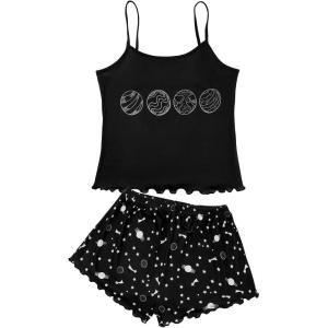 imageAmerican Trends Cute Pajamas for Women Strawberry Print Cami Top and Shorts Pj Set Two Piece Pajama Set Sleepwear Sleep SetBlack Star Moon