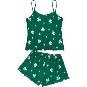 imageAmerican Trends Cute Pajamas for Women Strawberry Print Cami Top and Shorts Pj Set Two Piece Pajama Set Sleepwear Sleep SetGreen Print