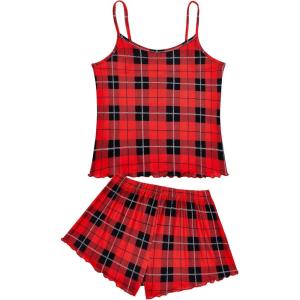 imageAmerican Trends Cute Pajamas for Women Strawberry Print Cami Top and Shorts Pj Set Two Piece Pajama Set Sleepwear Sleep SetRed Black Plaid