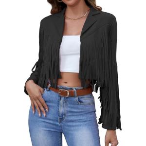 imageAmerican Trends Womens Casual Faux Leather Jacket Fringe Tops Tassel Suede Cropped Coats Motorcycle JacketBlack