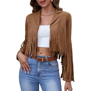 imageAmerican Trends Womens Casual Faux Leather Jacket Fringe Tops Tassel Suede Cropped Coats Motorcycle JacketBrown