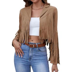 imageAmerican Trends Womens Casual Faux Leather Jacket Fringe Tops Tassel Suede Cropped Coats Motorcycle JacketCamel