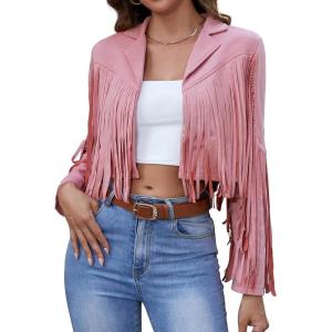 imageAmerican Trends Womens Casual Faux Leather Jacket Fringe Tops Tassel Suede Cropped Coats Motorcycle JacketPink