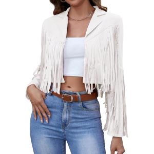 imageAmerican Trends Womens Casual Faux Leather Jacket Fringe Tops Tassel Suede Cropped Coats Motorcycle JacketWhite