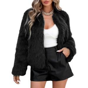 imageAmerican Trends Womens Fleece Cropped Jacket Faux Fur Coats Long Sleeve Shaggy Warm Winter ClothesBlack