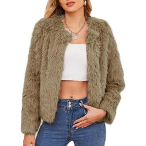 imageAmerican Trends Womens Fleece Cropped Jacket Faux Fur Coats Long Sleeve Shaggy Warm Winter ClothesCoffee