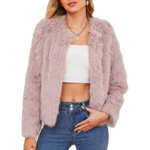 imageAmerican Trends Womens Fleece Cropped Jacket Faux Fur Coats Long Sleeve Shaggy Warm Winter ClothesPink