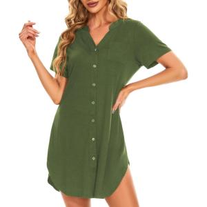 imageCotton Nightgowns for Women Casual Night Shirts for Women sleepwear Womens Short Sleeve ShirtsArmy Green
