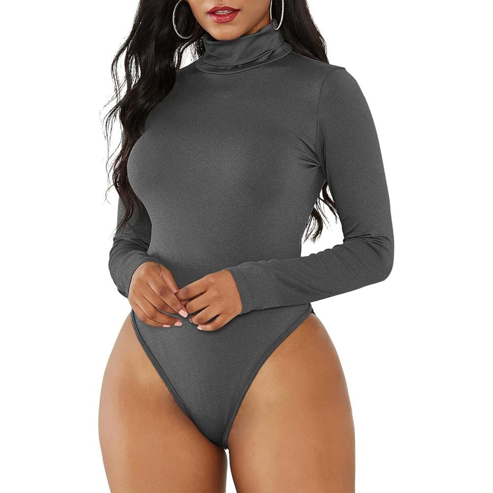 Women’s Long Sleeve Turtleneck Bodysuit – Black Cotton Leotard, Thong Back, Casual Blouse Top