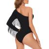 imageAmerican Trends Womens Fringe Trim One Shoulder Long Sleeve Body Suits Concert Outfits Long Sleeve Bodysuit Tank Top01 Shoulder Black