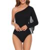 imageAmerican Trends Womens Fringe Trim One Shoulder Long Sleeve Body Suits Concert Outfits Long Sleeve Bodysuit Tank Top01 Shoulder Black