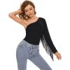 imageAmerican Trends Womens Fringe Trim One Shoulder Long Sleeve Body Suits Concert Outfits Long Sleeve Bodysuit Tank Top01 Shoulder Black